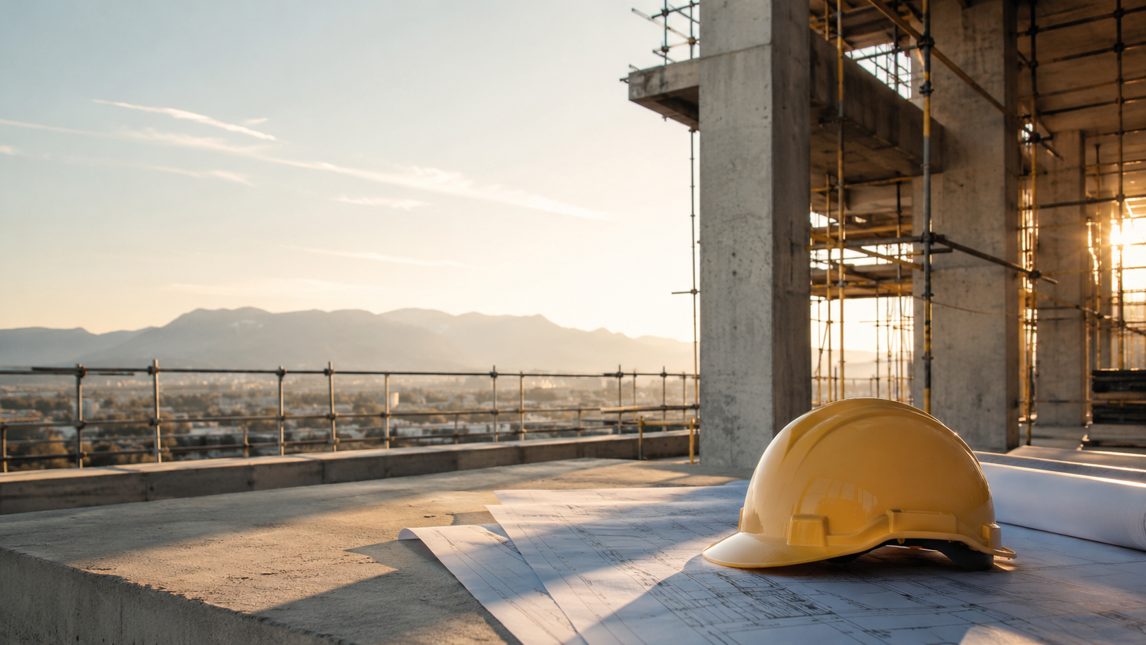 Obra de construcción con casco amarillo y vista a cordillera — Seguros TRC TRM OPC