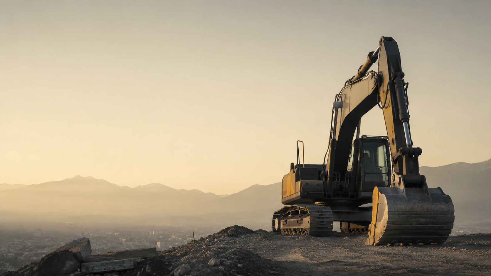 Excavadora amarilla al amanecer en cordillera chilena — Seguro maquinaria OPC