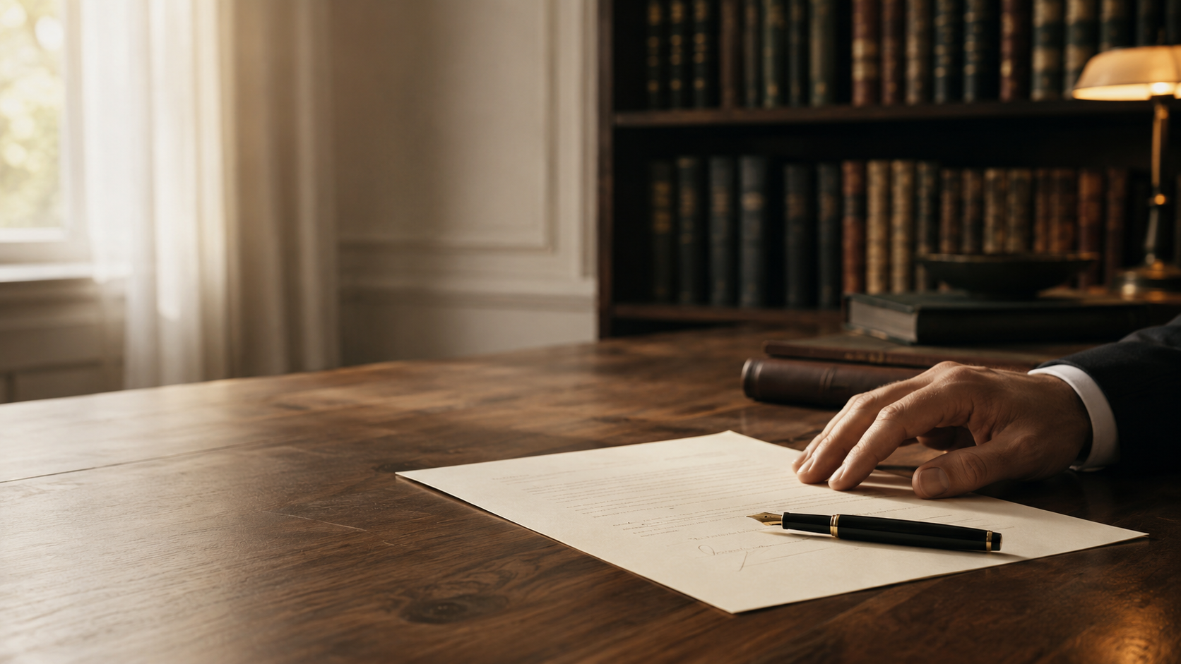 Escritorio con pluma estilográfica y librería de fondo — Responsabilidad Civil OPC
