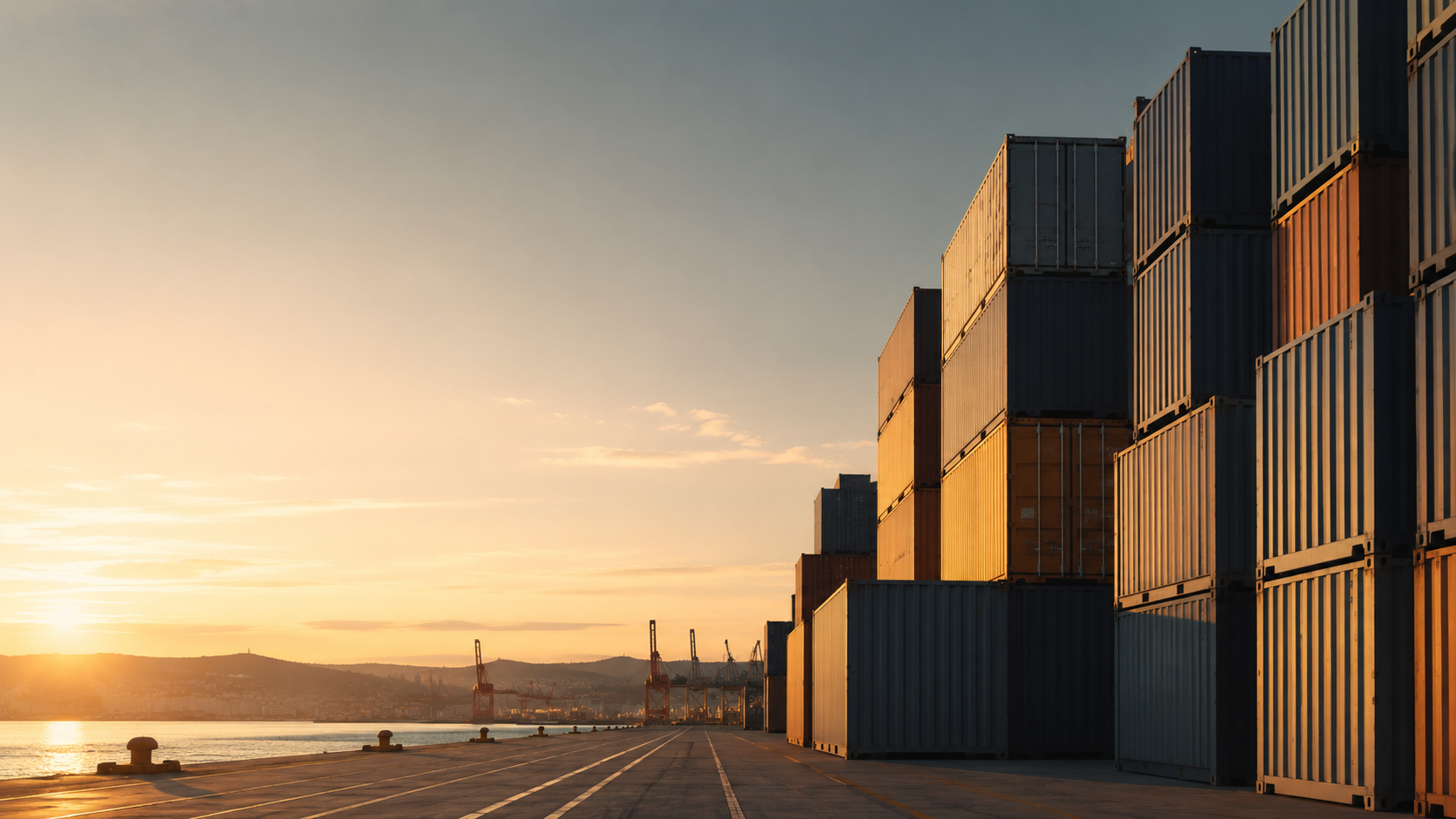 Contenedores apilados en puerto chileno al atardecer — Seguro de transporte OPC
