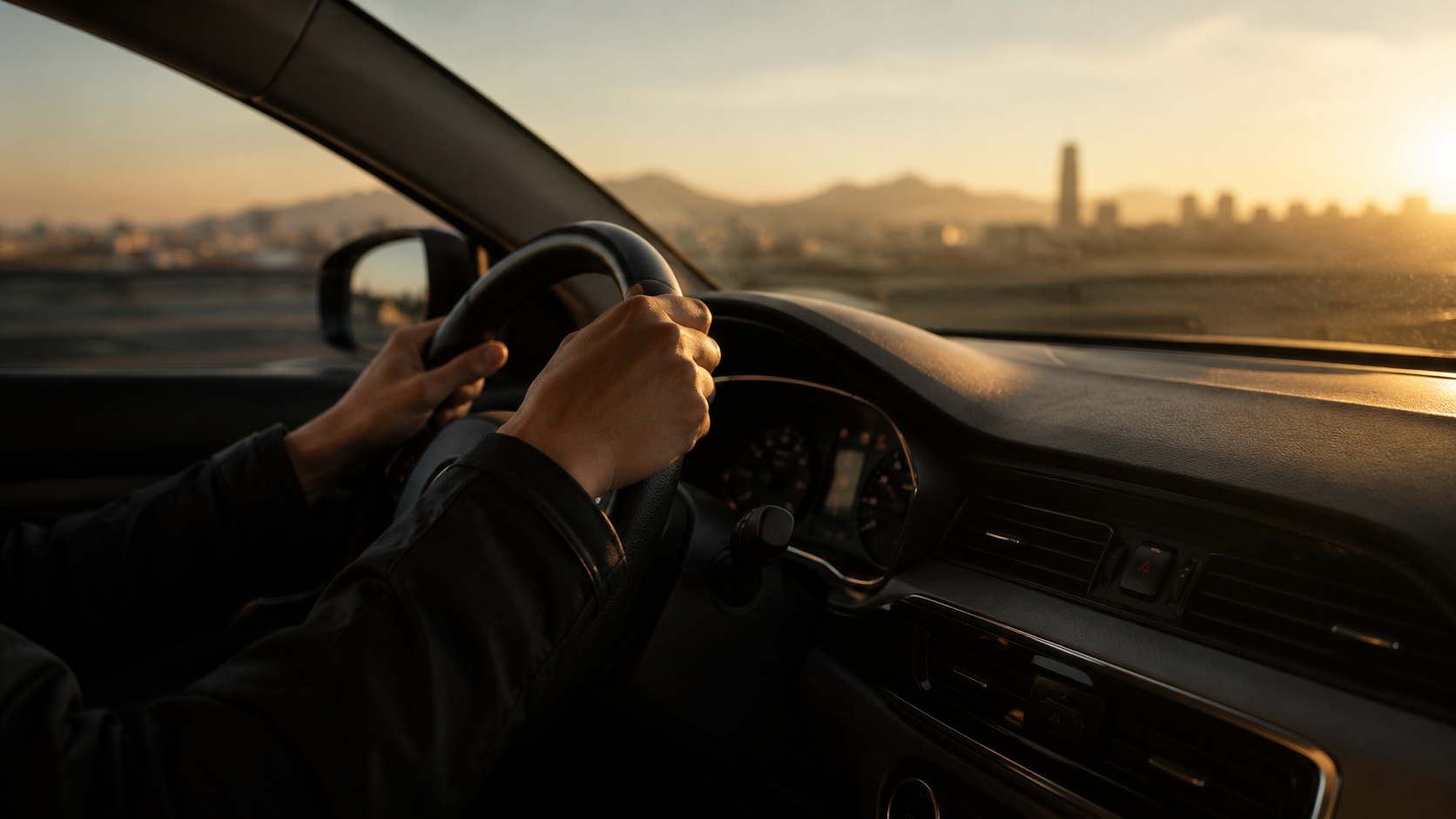 Manos en volante al amanecer — Seguro de vehículos OPC